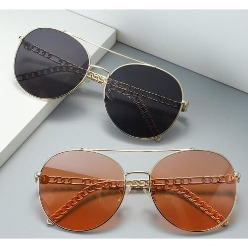 2021 new round edge top and bottom mirror beam female sunglaasses retor chain temple metal material goggles