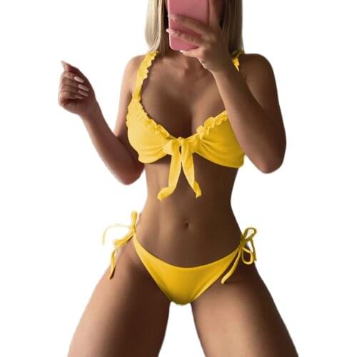 2021 New Women Ruffles Push Up Swimwear Women High Cut Bikini Set Female Solid Brazilian Bikini Set Bathing Suit