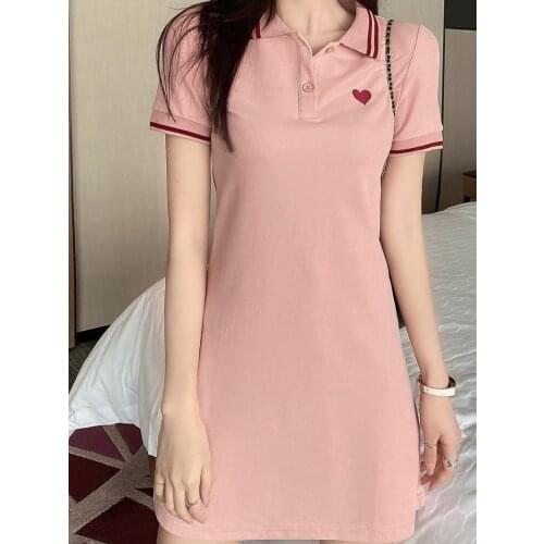 2021 Spring Summer New Sweet Polo Collar Dress Female Cotton Dress Sports Dresses T-shirt Skirt Red Heart Polo Dresses for Women