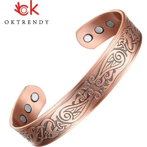 OKtrendy Pure Copper Bangles For Men Women Adjustable Cuff Wristband Magnetic Therapy Jewelry Carving Wide Bracelets Bangles
