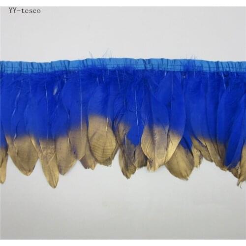 Wholesale Goose Feather Trims 6 Meter Blue Geese Feather Ribbons/15-18cm Fringes Gold Goose Feather Cloth Belt DIY decorative
