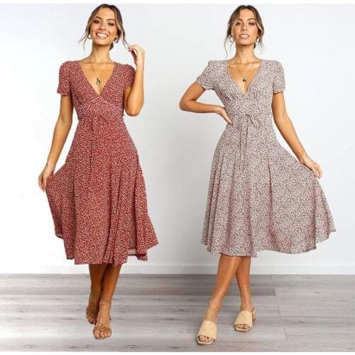 Midi Boho Dress Women Floral Print Elegant Dresses Party Summer V-Neck Casual Beach Dress for Ladies Vintage Vestidos