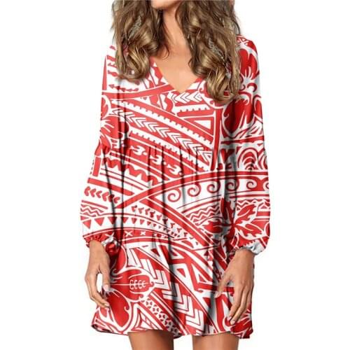 Hycool Fashion Loose Dress Women Sexy V-Neck Lantern Sleeve Casual Home Pregnant Dress Polynesian Tribal Print Vintage Red Dress