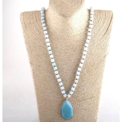 RH Fashion Bohemian Tribal Jewelry Sky Blue Stone Long Knotted Blue Drop Pendant Necklaces For Women Necklace