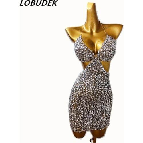 Luxurious Birthday Celebrate Rhinestone Mini Dress Sexy Backless Evening Party Halter Wrap Hip Dresses For Singer Dancer Costume