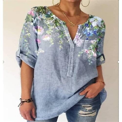 Summer Womens Loose Print V-Neck Long Sleeve Shirt Female Summer Casual Ladies Turn-down Collar Shirts Tops