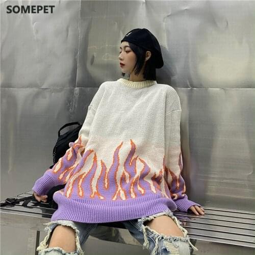 Harajuku Sweater Couple Hip Hop Oversized Knitting Pullover Women Flame Casual Autumn Winter Men Women Loose Fashion Tops Unisex