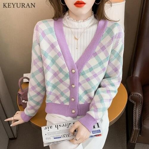 Loose Argyle Cardigan Sweater Women Korean Japanese Kawaii V-Neck Long Sleeve Knitted Sweaters Jacket Female Knitwear Tops Coat