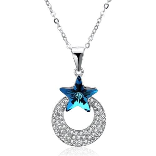ZEMIOR Genuine 100% 925 Sterling Silver Star Moon Necklace Pendant Trendy Blue Austria Crystal Necklaces Women Silver Jewelry