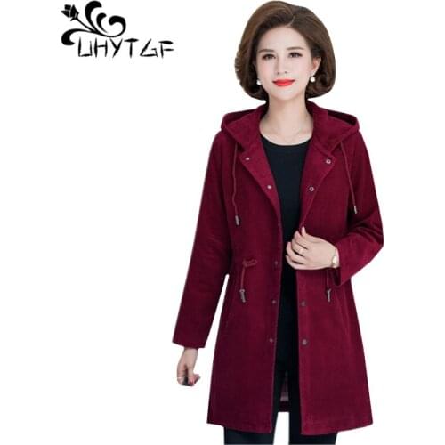 UHYTGF Genuine corduroy autumn winter jacket women quality cotton hooded elegant Female coat casual warm 5XL plus size coat 1342
