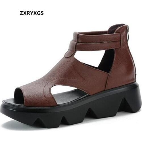 2021 New Fish Mouth Genuine Leather Roman Sandals Summer Women Sandals Ankle Boots Platform Non-slip Heightening Sandals