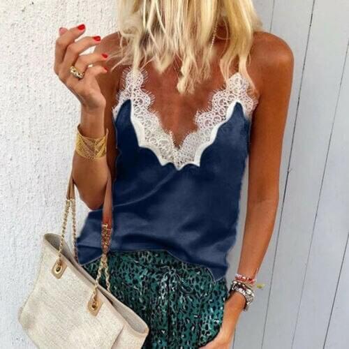 Women Summer Lace Satin Sleeveless Loose Vest V-Neck Elegant Cami Soft Tank Top Casual shirts