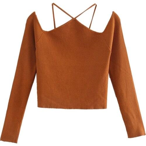 2021 New Women Fashion With Straps Cut-out Knitted Sweater Vintage Off The Shoulder Long Sleeve Female Pullovers Chic Tops