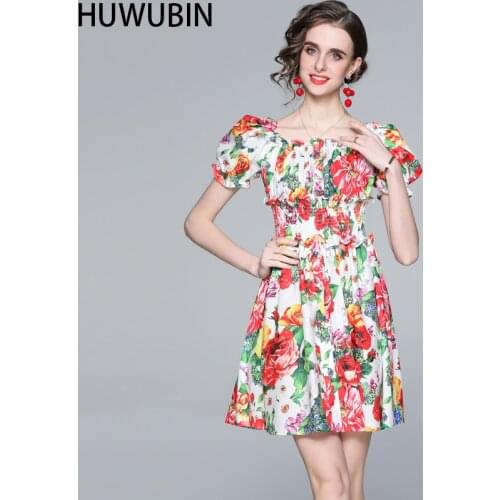 2021 New Summer Beach Party Dress Womens Charming Rose Print Ruffle Elastic Waist One Neck Elastic Waist Short Holiday Dress