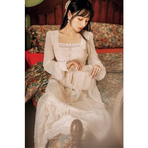2 Colors Lace Embroidery Fairy Dress Women Retro French Style Square Collar Petal Sleeve Vintage Princess Dresses Vestido Festa