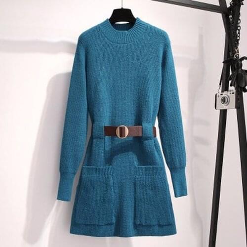 Girl Lantern Sleeves Solid Color Knitted Dress Women With Belt Long Sleeves Mid-length Pullover A-line Dress Female 2021 Spring