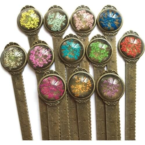 1 Pc Creative Retro Bronze Round Bookmark 10cm Ruler Vintage Metal Colorful Flower Glass Gems As Book Page Marker