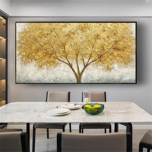 100% Original Handpainted Golden Leaves Modern Oil Painting On Canvas Wall Art Wall Pictures For Living Room Home Decor Retro