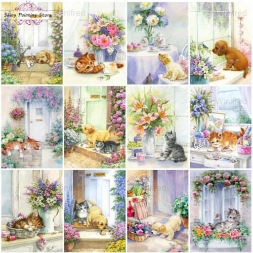 Full Diamond Painting Cute Dog and Cat 5D DIY Diamond Embroidery Flower Garden Animal Landscape Handmade Gift Home Decoration