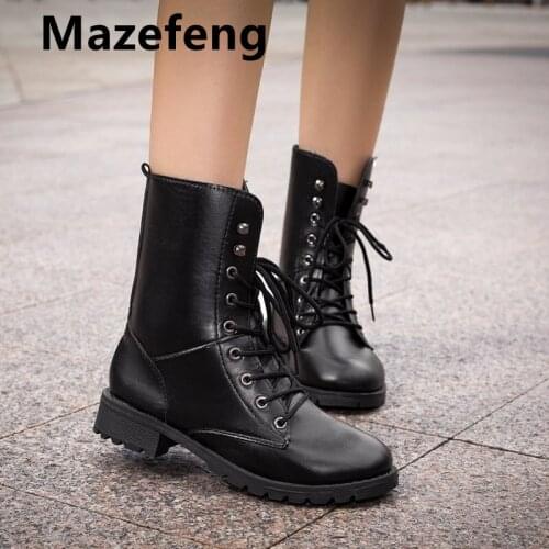 Mazefeng Brand Black PU Leather Ankle Boots Women Autumn Winter Round Toe Lace Up Shoes Woman Fashion Motorcycle Platform Botas