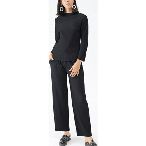 Pant Suits For Women 45-75kg 2020 Autumn Winter Solid Color Large Size Miyake Pleated Two Piece Set Long Sleeved Top + Trousers