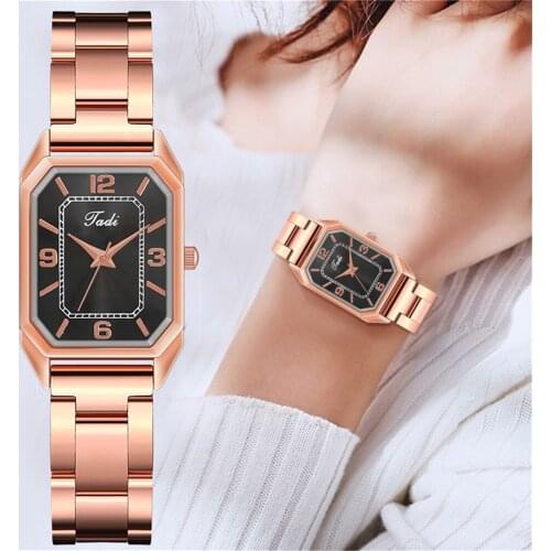 Tadi Brand Women Luxury Rose Gold Stainless Steel Watches Simple Rectangle Dial Quartz Watches Gift Clock Relogio Feminino