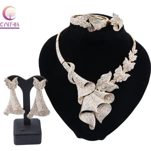 CYNTHIA African Jewelry Sets for Women Leaves Shaped Necklace Bangle Earrings Ring Luxurious Dubai Gold Jewellery Set