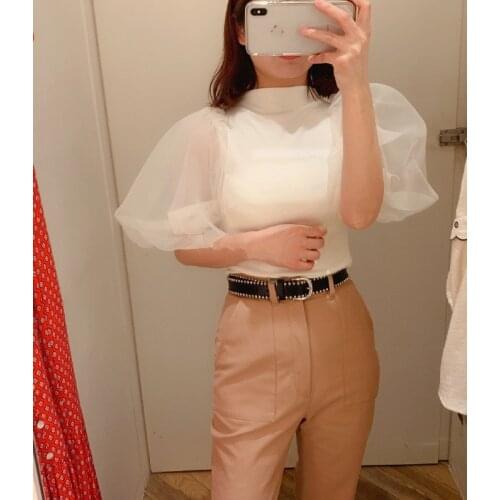 Elfbop Ladies White/Black/Beige Mesh Patchwork Sweater Top With Puff Sleeve