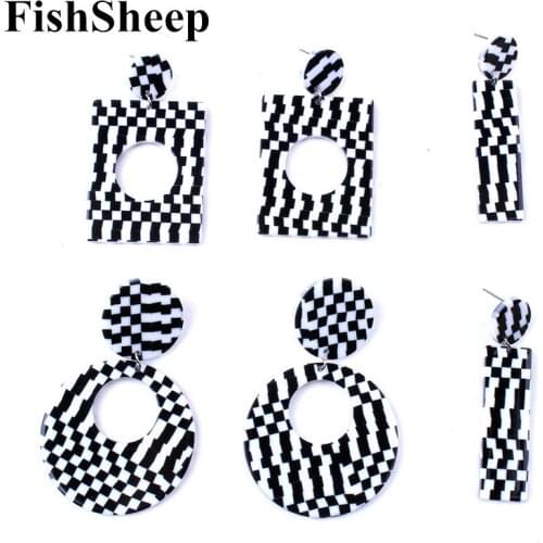 FishSheep Exaggerated Black & White Striped Acrylic Earrings Punk Geometric Mosaic Round Circle Square Long Drop Earrings Party