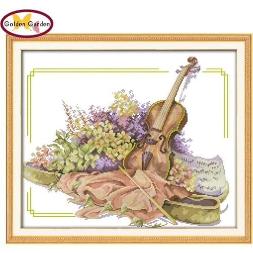 NKF The Violin and Flowers Cross Stitch Needlework Counted Cross Stitch Kits Embroidery Chinese Cross Stitch for Home Decoration