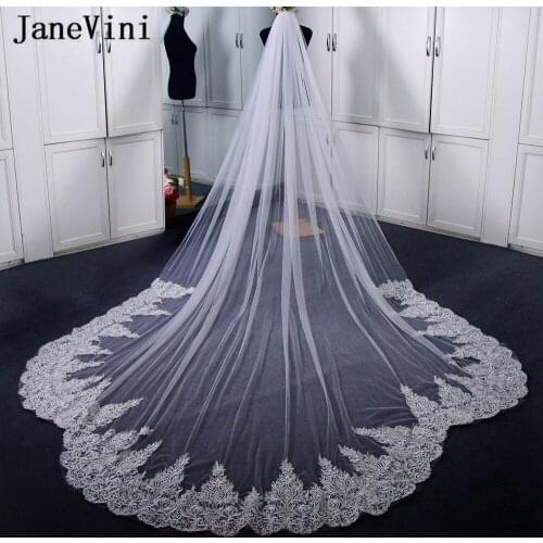 JaneVini Luxury Long Lace One Layer Wedding Veils with Comb Retro Applique Edge Soft Tulle 4M Ivory Bridal Veil Hair Accessories