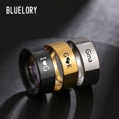 Bluelory Custom 8mm Smooth Stainless Steel Name Rings Gold Black Silver Color Engrave Names Letter For Lovers Friend Family Gift