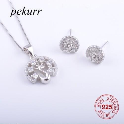 Pekurr 925 Sterling Silver Crystal Feather Peacock Bird Earrings Necklace Sets For Women Noble Birds Pendants Jewelry Set