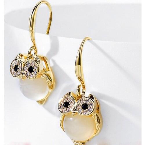 Cute Female White Moonstone Drop Earrings Charm Sterling Silver Wedding Earrings Luxury Crystal Owl Dangle Earrings For Women
