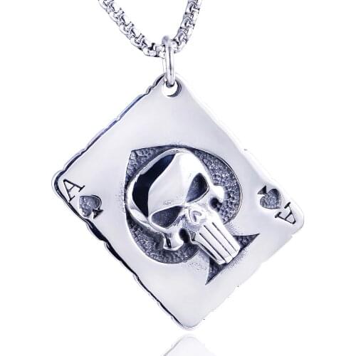 Mens Necklace Lucky Skull Ace Of Spades Poker Pendant for Male Stainless Steel Casino Fortune Playing Cards