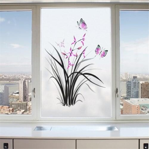 Window Film Privacy Orchid Non Adhesive Glass Sticker Sun Protection Heat Control Window Coverings Window Tint for Homedecor