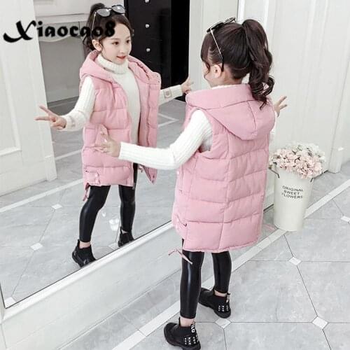 4-16 Years Kids Down Cotton Sleeveless Jackets Coat for Girls Solid Long Vest Teen Girls Hooded Waistcoat Toddler Winter Clothes
