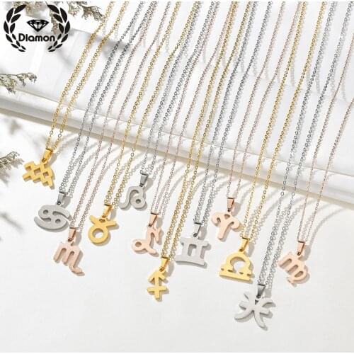 Diamon Stainless Steel Zodiac Sign Necklace 12 Constellation metal charms Pendant Women Gold Chain Men Jewelry Birthday Gift