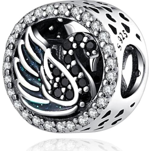 New 925 Sterling Silver Black Zircon Swan Bead Charms Fit Original Pandora charm Bracelet necklace For Women DIY fashion Jewelry