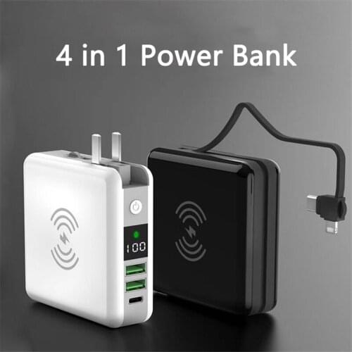4 in 1 10000mAh Power Bank Qi Wireless Charger Powerbank Built in Cable Plug Fast Charger for iPhone 12 Samsung Xiaomi Poverbank
