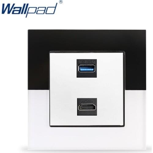 HDMI Socket Wallpad Crystal Glass Panel 110V-250V Black and White Glass HDMI USB 3.0 Data Transmission Wall Socket