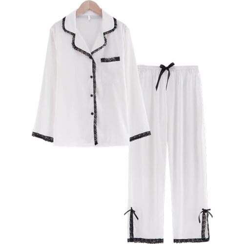 Silk Satin Pajamas Women Summer Sexy Pajama Sets Long Sleeved Trousers Lace Pyjamas Ladies Sleepwear Pajamas Suit Sleep Homewear