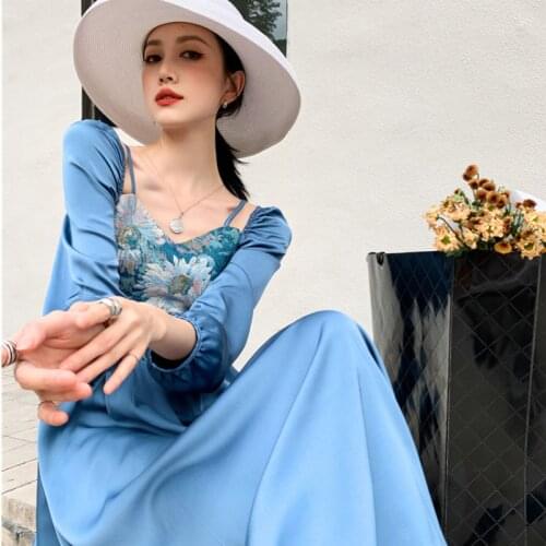 Blue Vintage Print Floral Dress Women Puff Long Sleeve Maxi Dress Holiday Princess Dress robes de cocktail robe de soirée femme
