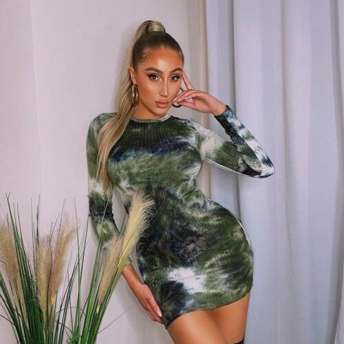 Tie Dye Sheath Ribbed Mini Dress Women 2020 Autumn Full Sleeve Slim Bodycon Female Streetwear Casual Elegant Skinny Knit Dress