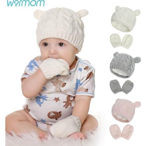 Warmom New Newborn Baby Winter Warm Knit Hat Ear Solid Warm Cute Glove 2pcs Lovely Beanie Cap For 0-18 Month