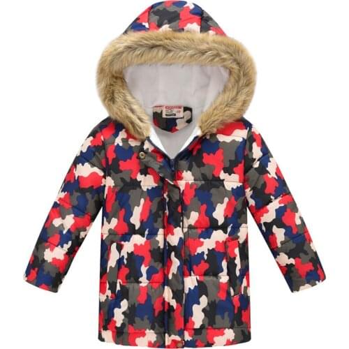 Thick Warm Outwear Baby Boys Winter Print Hooded Jacket Childrens Active Clothing Girls Fur Collar Coats Down Kids 4-8Y