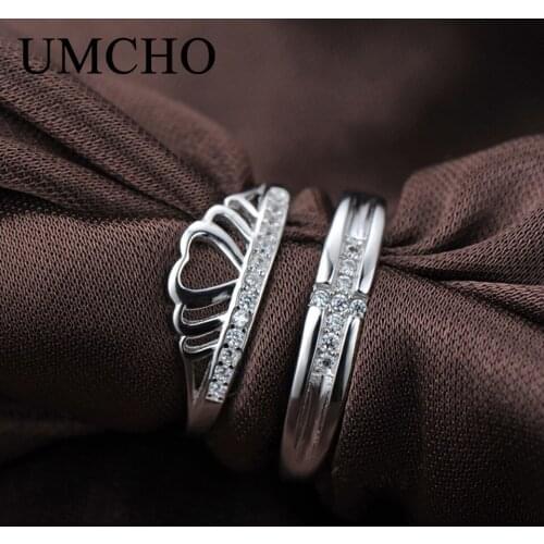 UMCHO Romantic Heart Crown Wedding Couple Rings 925 Sterling Silver Rings For Wife Anniversary Engagement Gift Fine Jewelry 2pcs