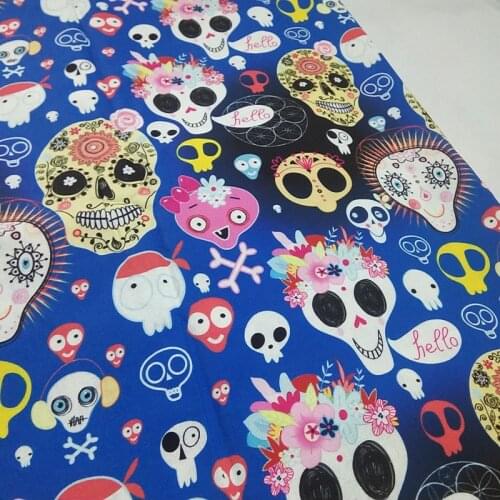 Viaphil 100% Cotton Fabric Brand New Blue Various Flower Skull PriPrinted Sewing Cloth Dress Textile
