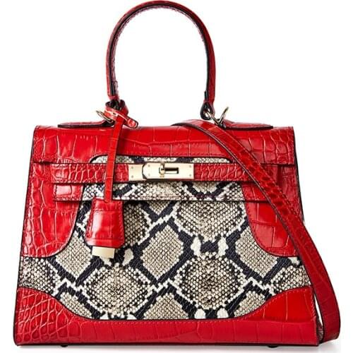 Womens Fashion European And American Style Cowhide Genuine Real Leather Snake Pattern Handbag Top Handle Shoulder Bag Crossbody