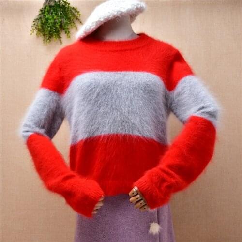 Top mujer women autumn winter clothing hairy striped mink cashmere knitted long sleeves loose pullover angora fur jumper sweater